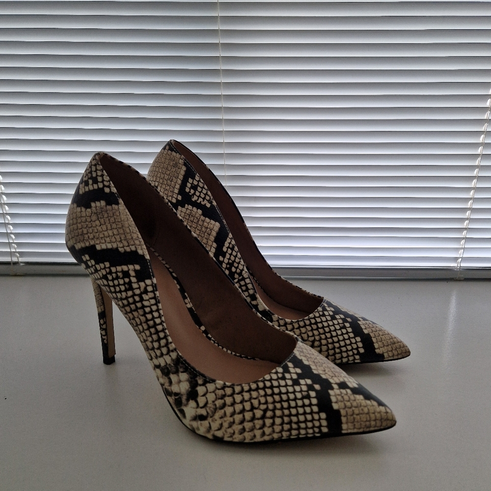 Call It Spring Cream and Black Heels with Striking Pattern